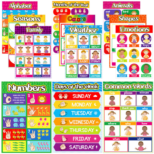 12 Pieces Sign Language ASL poster for Education - 11 x 16inch