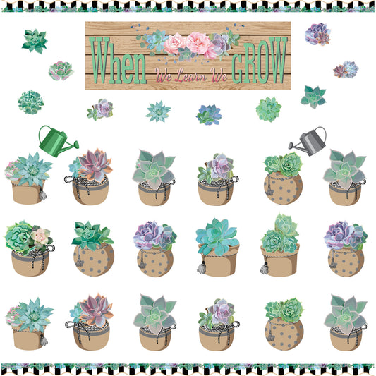 71 Pieces Succulents Bulletin Board Set Cutouts Banner Border Trims Classroom Decor-When We Learn We Grow