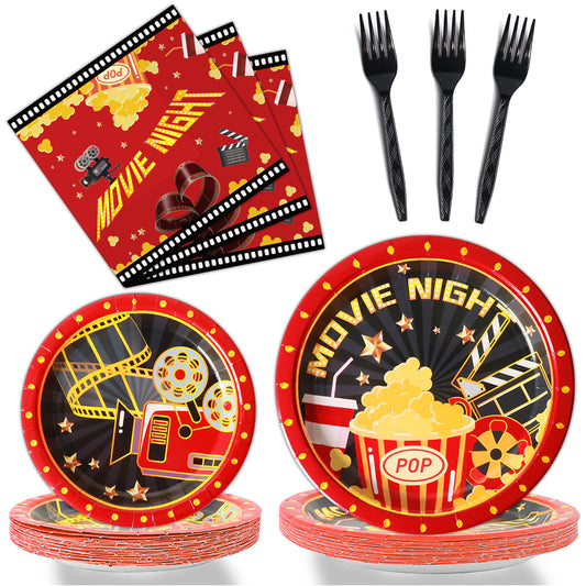 Movie Night Theme Party Supplies,Plates Napkins Forks Set of 96pcs