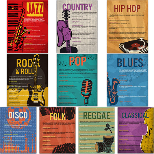 Music Genre Posters Music Bulletin Board Set-10 Pack,16 * 11inch