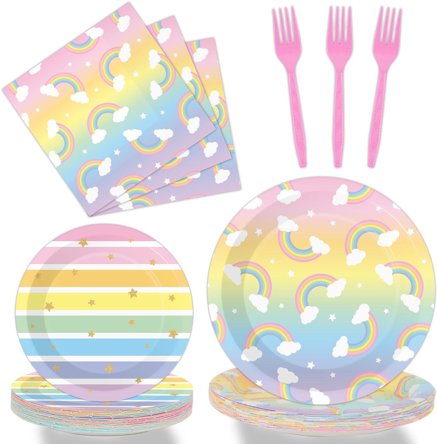 Rainbow Theme Party Supplies,Plates Napkins Forks Set of 96pcs