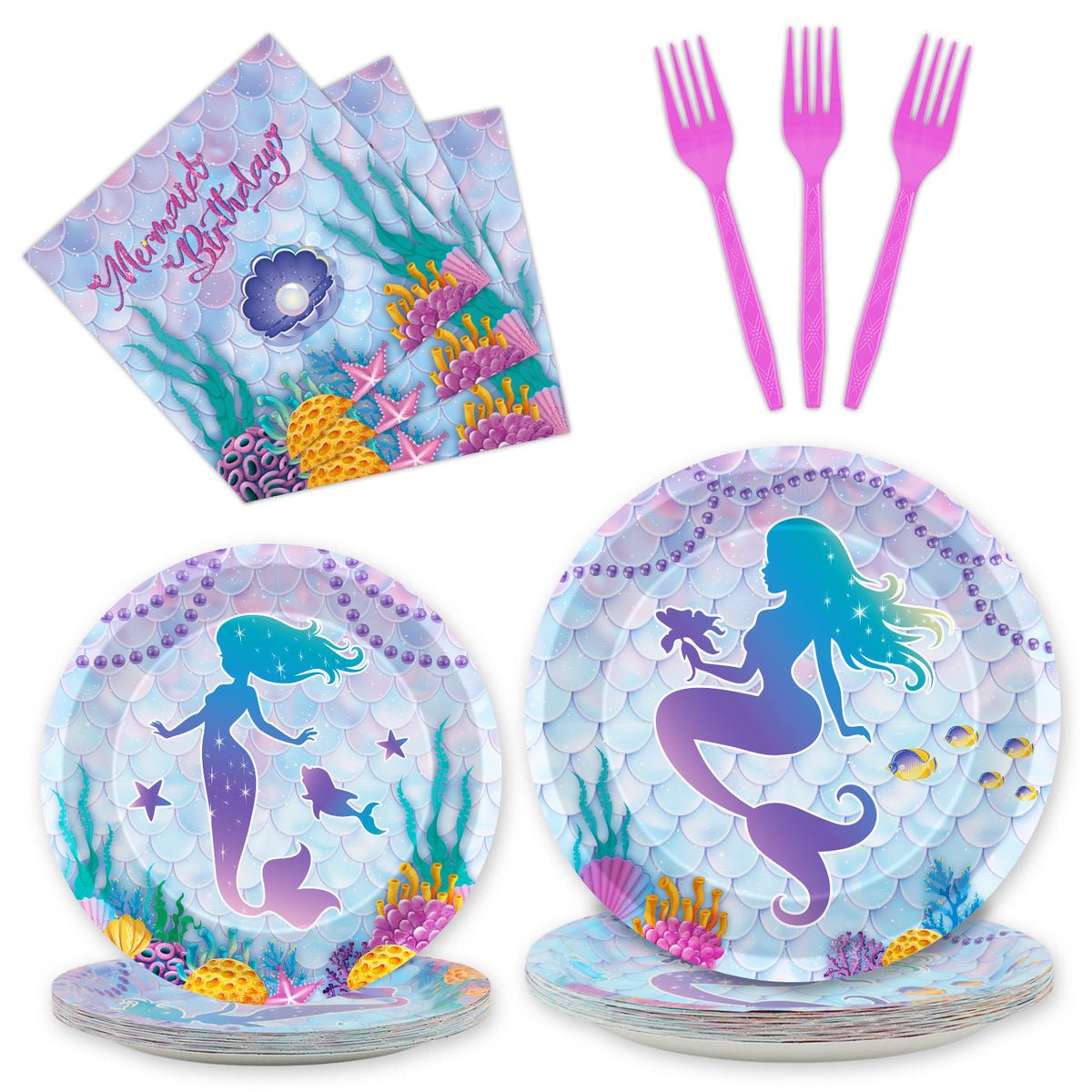 Mermaid Theme Party Supplies,Plates Napkins Forks Set of 96pcs