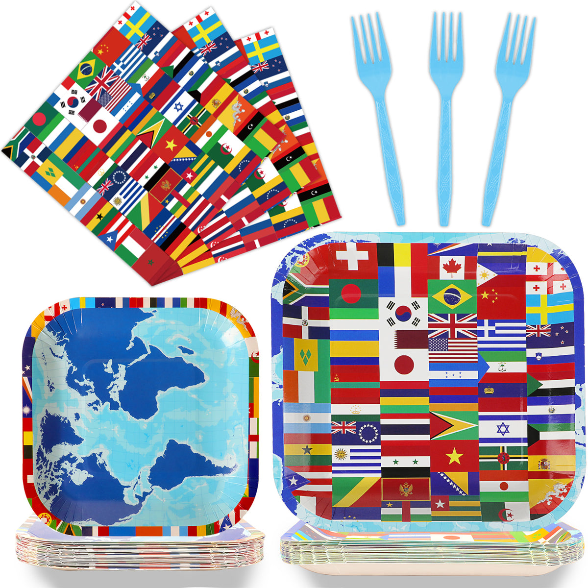 96 Pcs International World Flags Party Supplies Tableware Set for 24 Guests