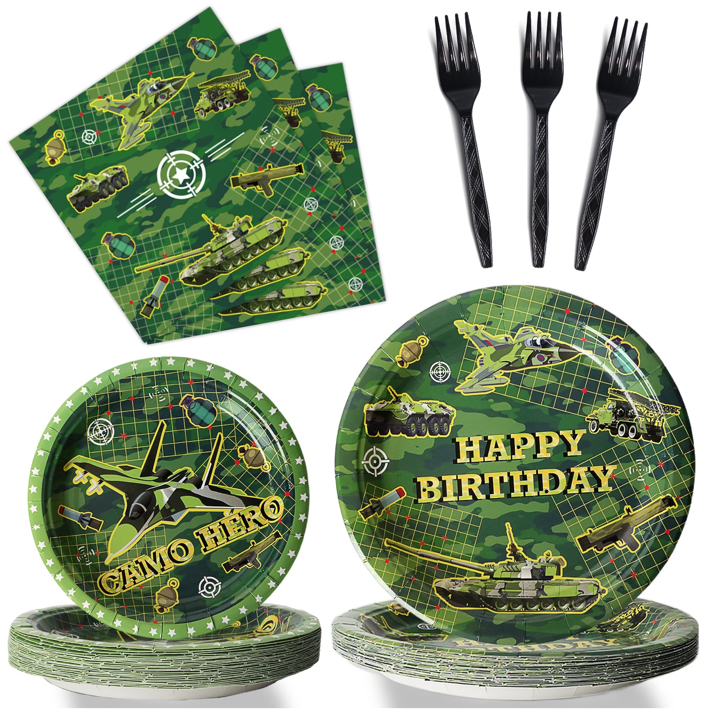 96 Pieces Camo Birthday Party Tableware Set Camouflage Paper Plates Napkins Forks for 24 Guests