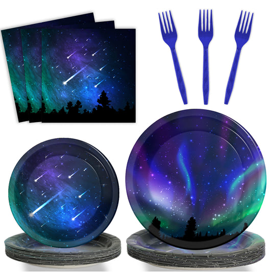 96 Pieces Starry Night Supplies Tableware Set Outer Space Paper Plates Napkins Forks for 24 Guests