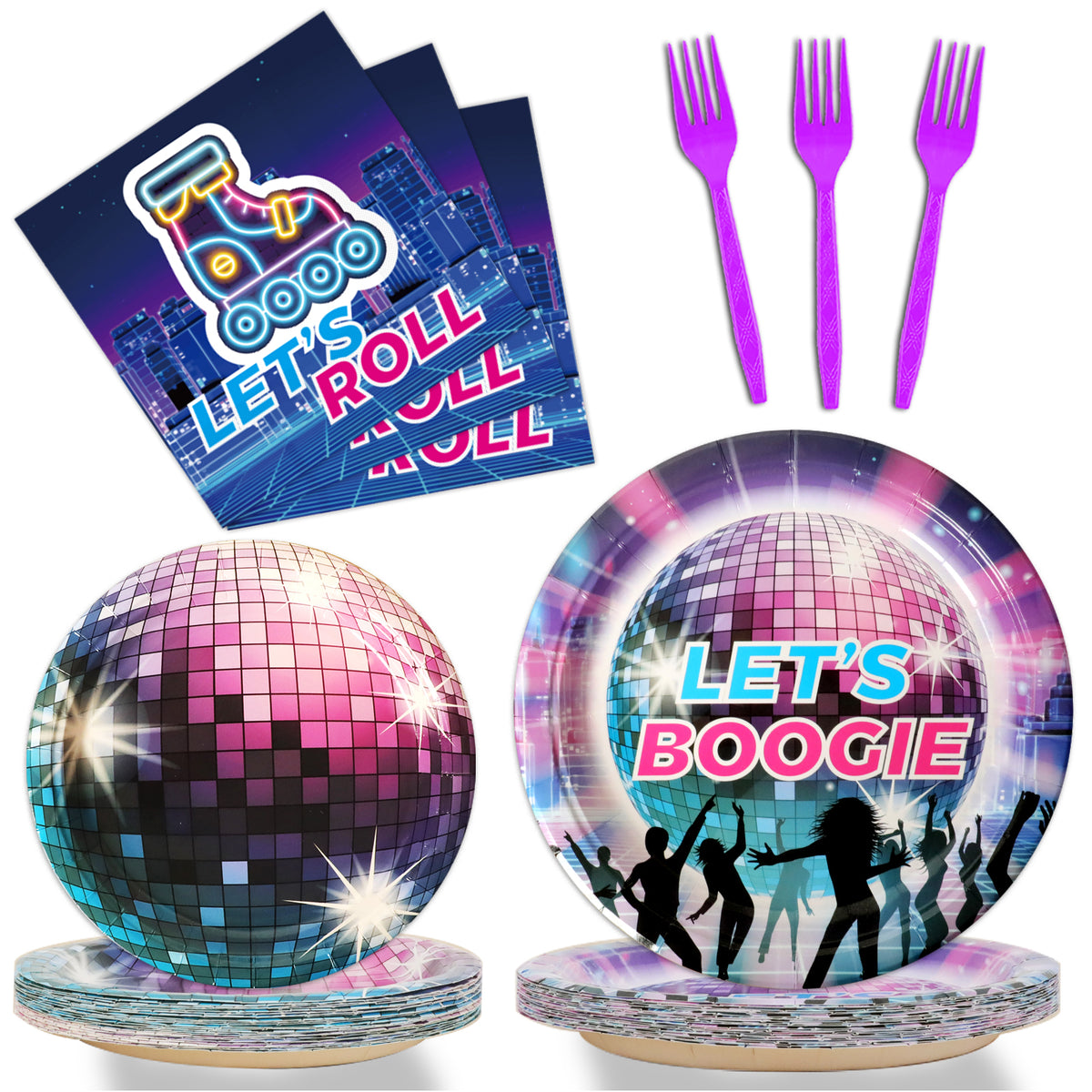 96 Pieces 70's Disco & Roller Skate Party Tableware Set Paper Plates Napkins Forks for 24 Guests