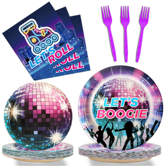 96 Pieces 70's Disco & Roller Skate Party Tableware Set Paper Plates Napkins Forks for 24 Guests
