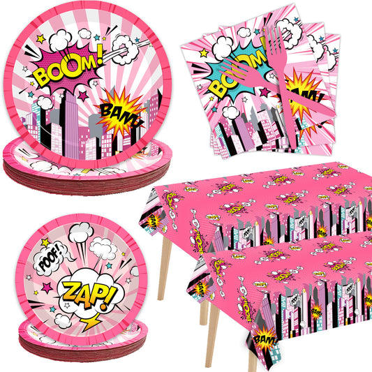 98 Pcs Super Hero Girl Birthday Party Supplies for 24 Guests