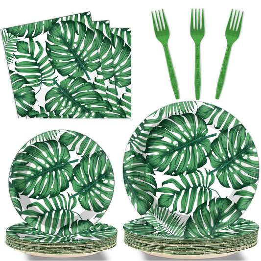 96 Pieces Palm Leaf Tableware Set Paper Plates Napkins Forks for 24 Guests