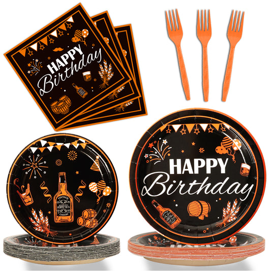 96 Pieces Whiskey Birthday Party Tableware Set Paper Plates Napkins Forks for 24 Guests