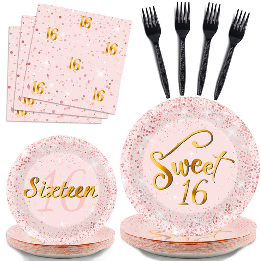 Sweet 16 Birthday Theme Party Supplies,Plates Napkins Forks Set of 96pcs