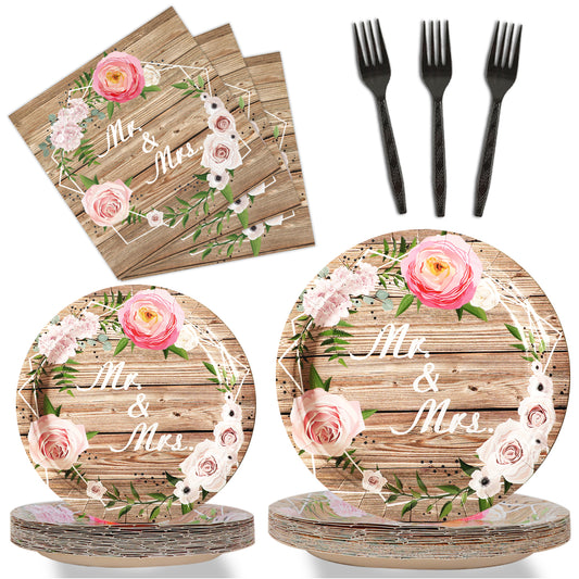 96 Pieces Mr. & Mrs. Tableware Set Bridal Shower Wedding Paper Plates Napkins Forks for 24 Guests