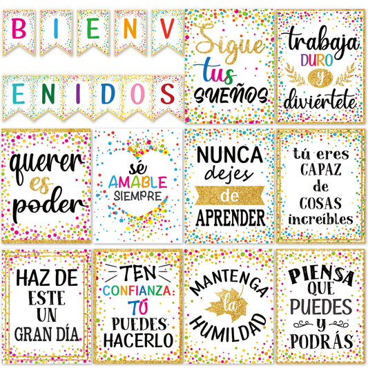 21 Pack Spanish Bienvenidos Inspirational Posters Spanish Classroom Decorations - Confetti