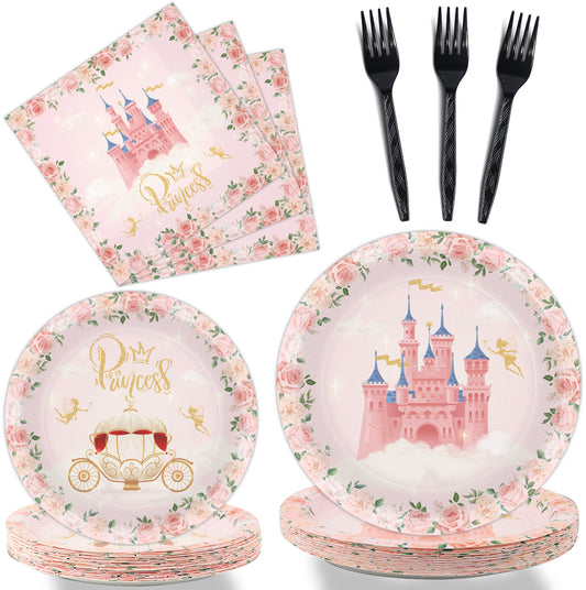 Princess Theme Party Supplies,Plates Napkins Forks Set of 96pcs
