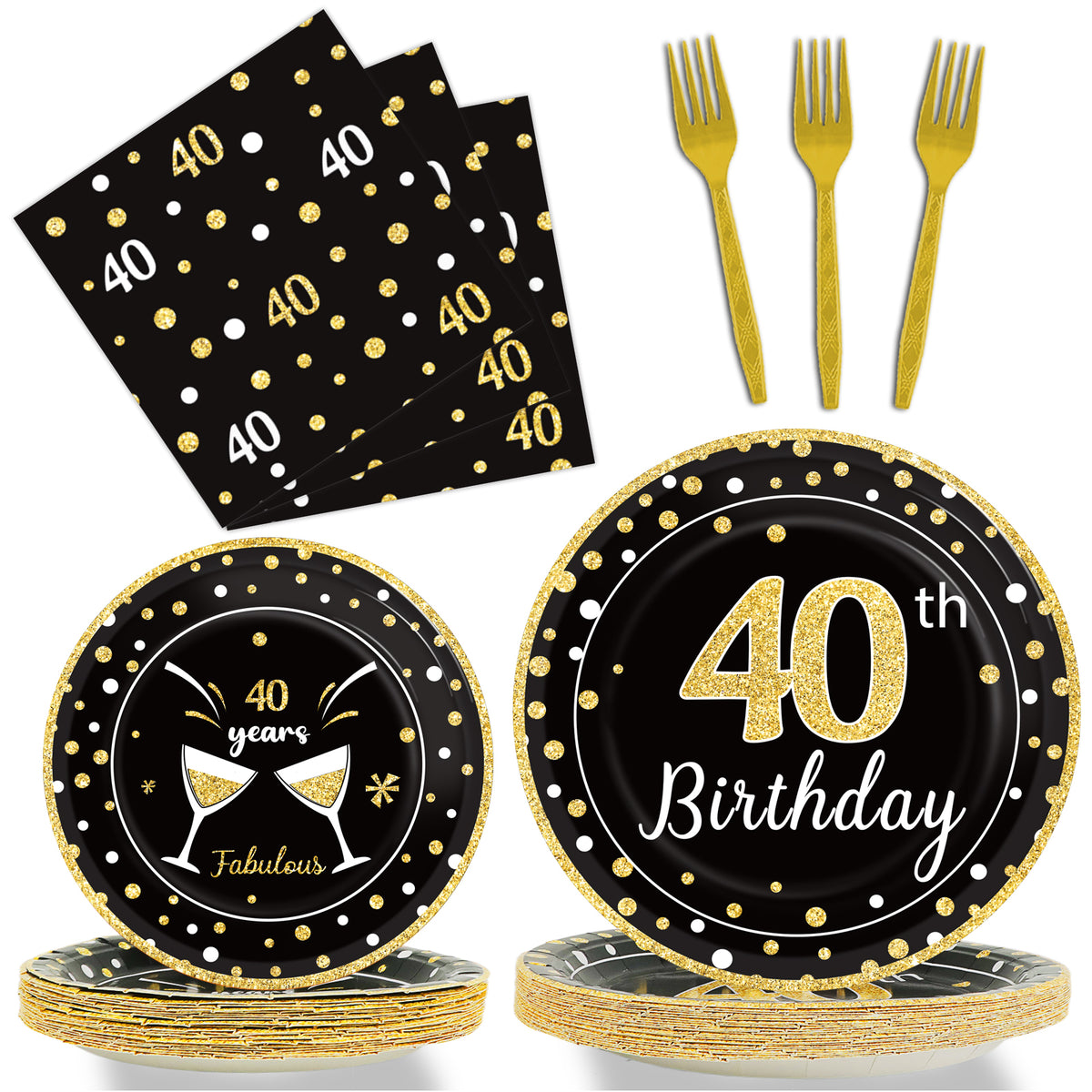 40th Birthday Theme Party Supplies,Plates Napkins Forks Set of 96pcs