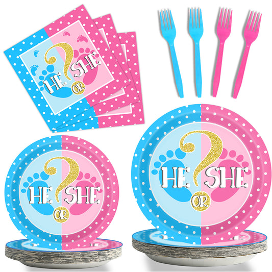 Gender Reveal Theme Party Supplies,Plates Napkins Forks Set of 96pcs