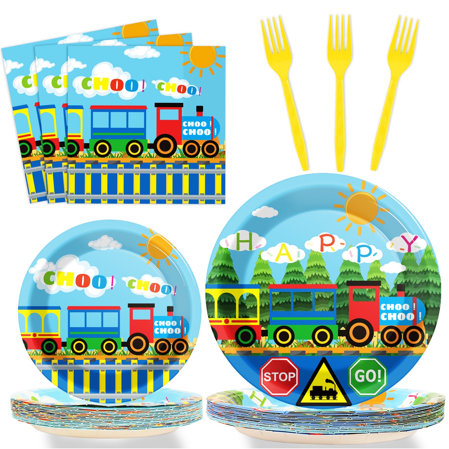 96 Pieces Train Party Tableware Set Paper Plates Napkins Forks for 24 Guests