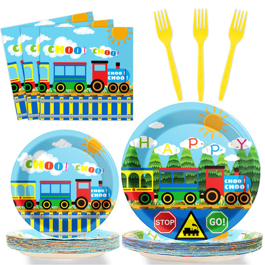 96 Pieces Train Party Tableware Set Paper Plates Napkins Forks for 24 Guests