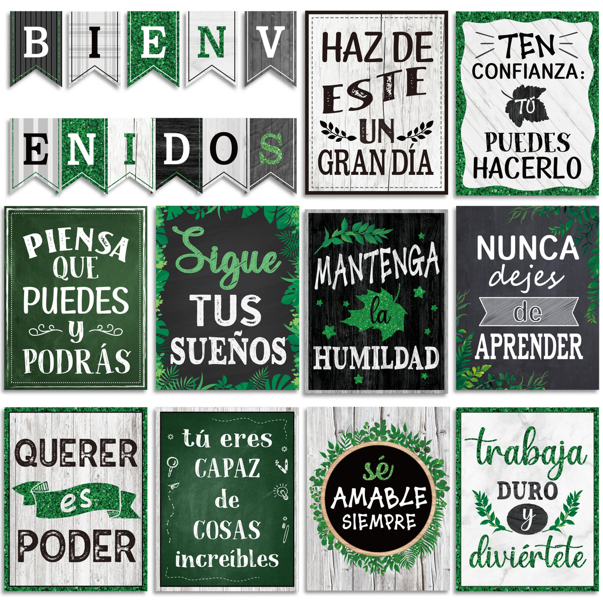 21 Pack Spanish Bienvenidos Inspirational Posters Spanish Classroom Decorations - Farmhouse