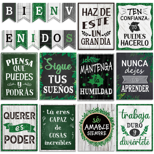 21 Pack Spanish Bienvenidos Inspirational Posters Spanish Classroom Decorations - Farmhouse