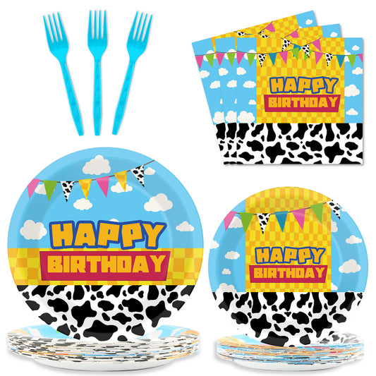 96 Pieces Toy Inspired Game Story Party Tableware Set Paper Plates Napkins Forks for 24 Guests