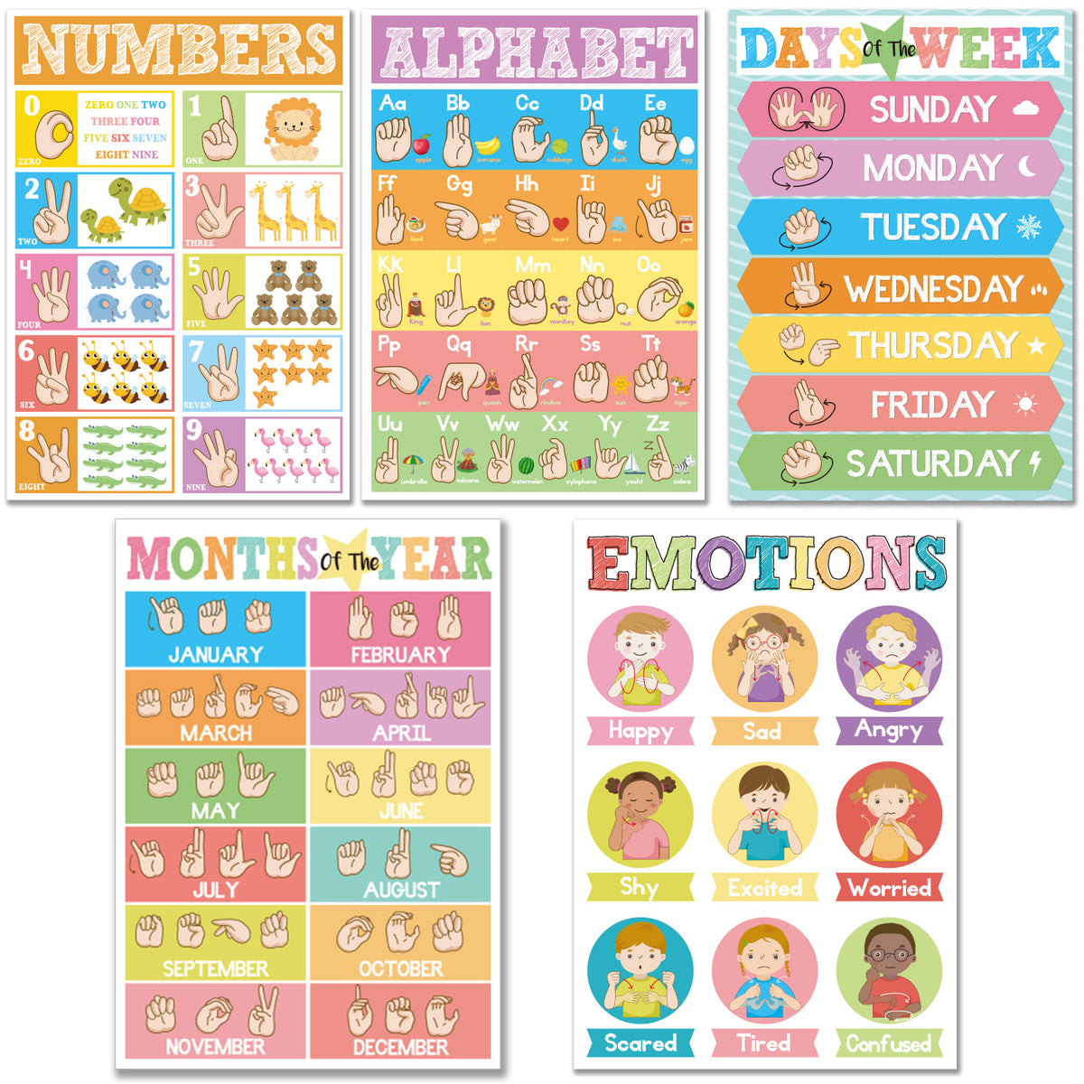 5 Pieces ASL Poster Sign Language Posters for Toddler Kids Students Classroom Decorations