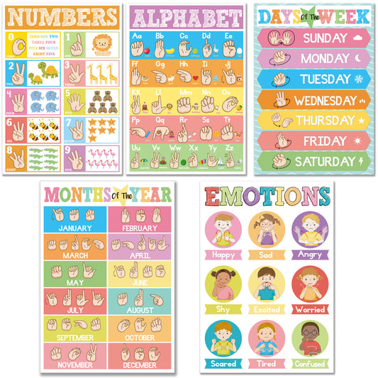 5 Pieces ASL Poster Sign Language Posters for Toddler Kids Students Classroom Decorations