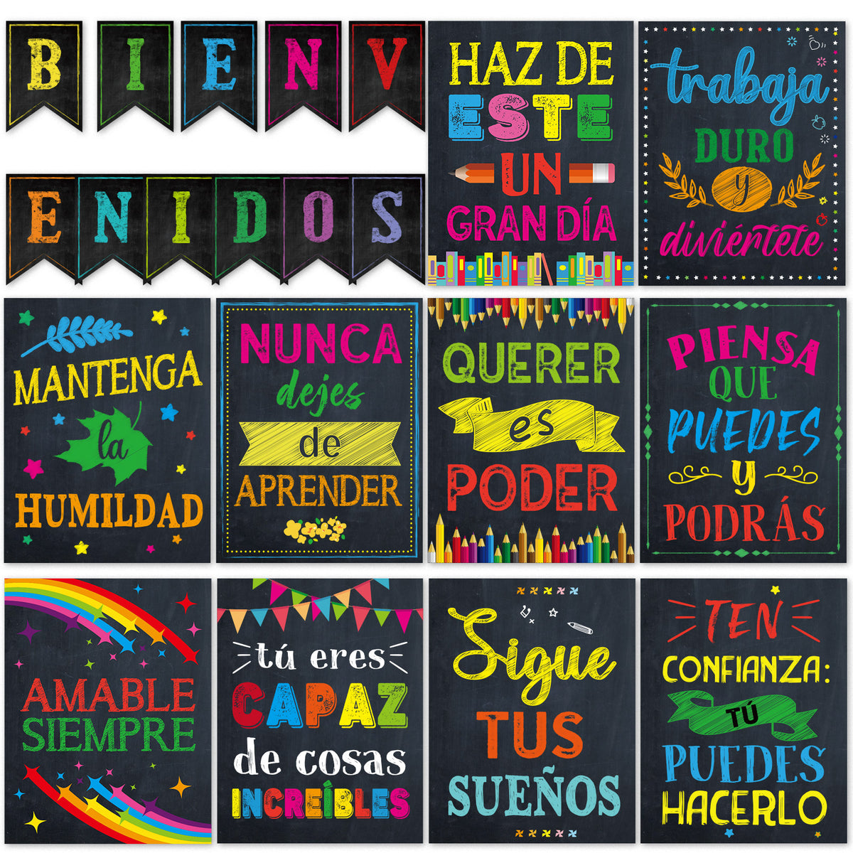 21 Pack Spanish Bienvenidos Inspirational Posters Spanish Classroom Decorations - Colourful