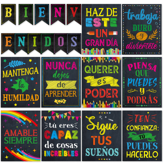 21 Pack Spanish Bienvenidos Inspirational Posters Spanish Classroom Decorations - Colourful
