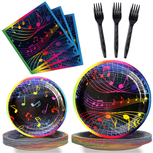 96 Pieces Musical Notes Tableware Set Paper Plates Napkins Forks for 24 Guests