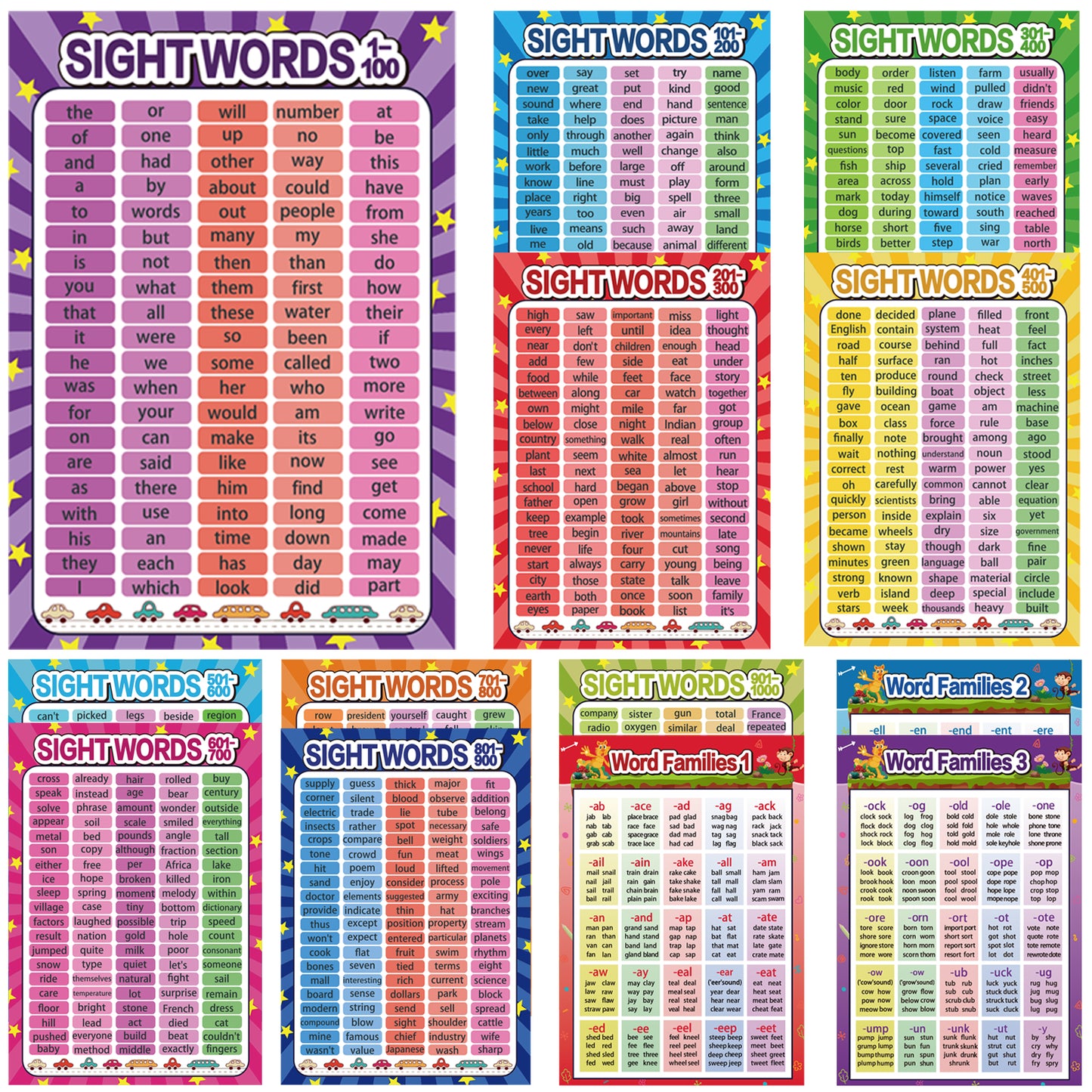 12 Pieces Educational Posters Sight Words and Word Families Posters