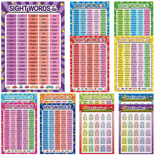 12 Pieces Educational Posters Sight Words and Word Families Posters