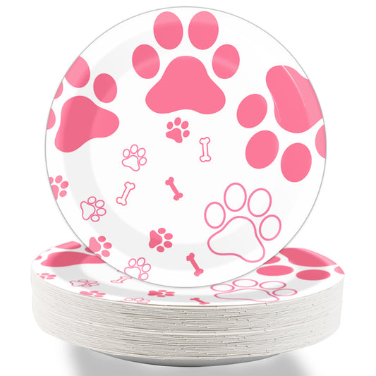 Pink Dog Paw Prints plates set - baby shower or Puppy birthday party supplies