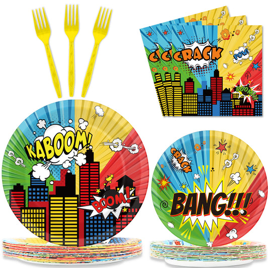 96 Pieces Superhero Party Tableware Set Paper Plates Napkins Forks for 24 Guests