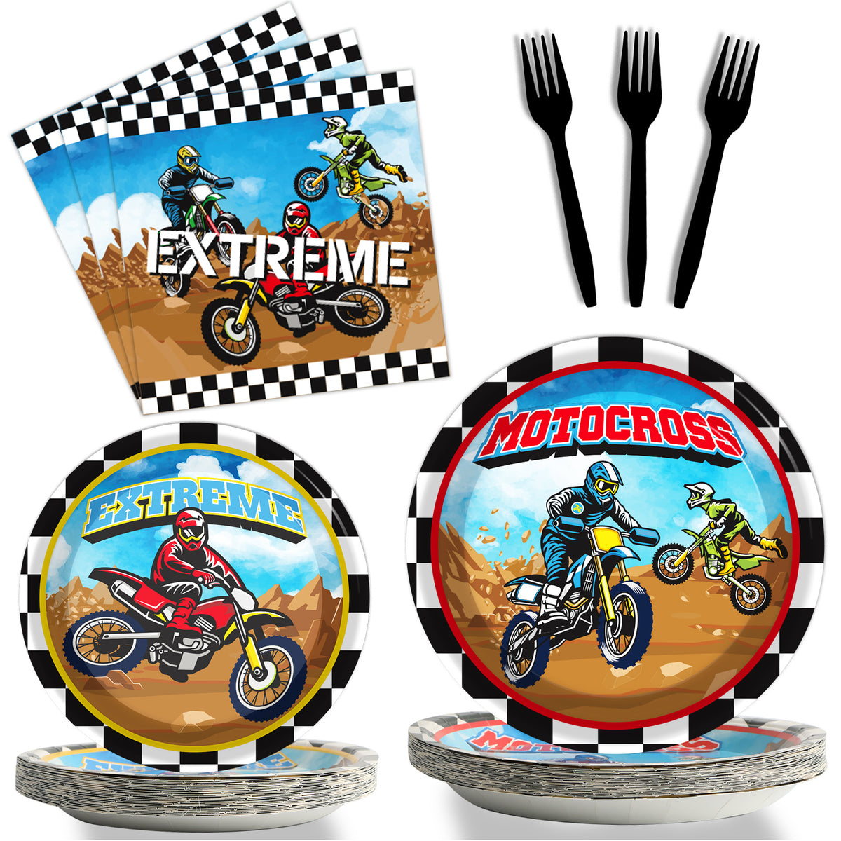 Dirt Bike Theme Party Supplies,Plates Napkins Forks Set of 96pcs