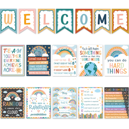 17 Pieces Boho Rainbow Classroom Motivational Posters