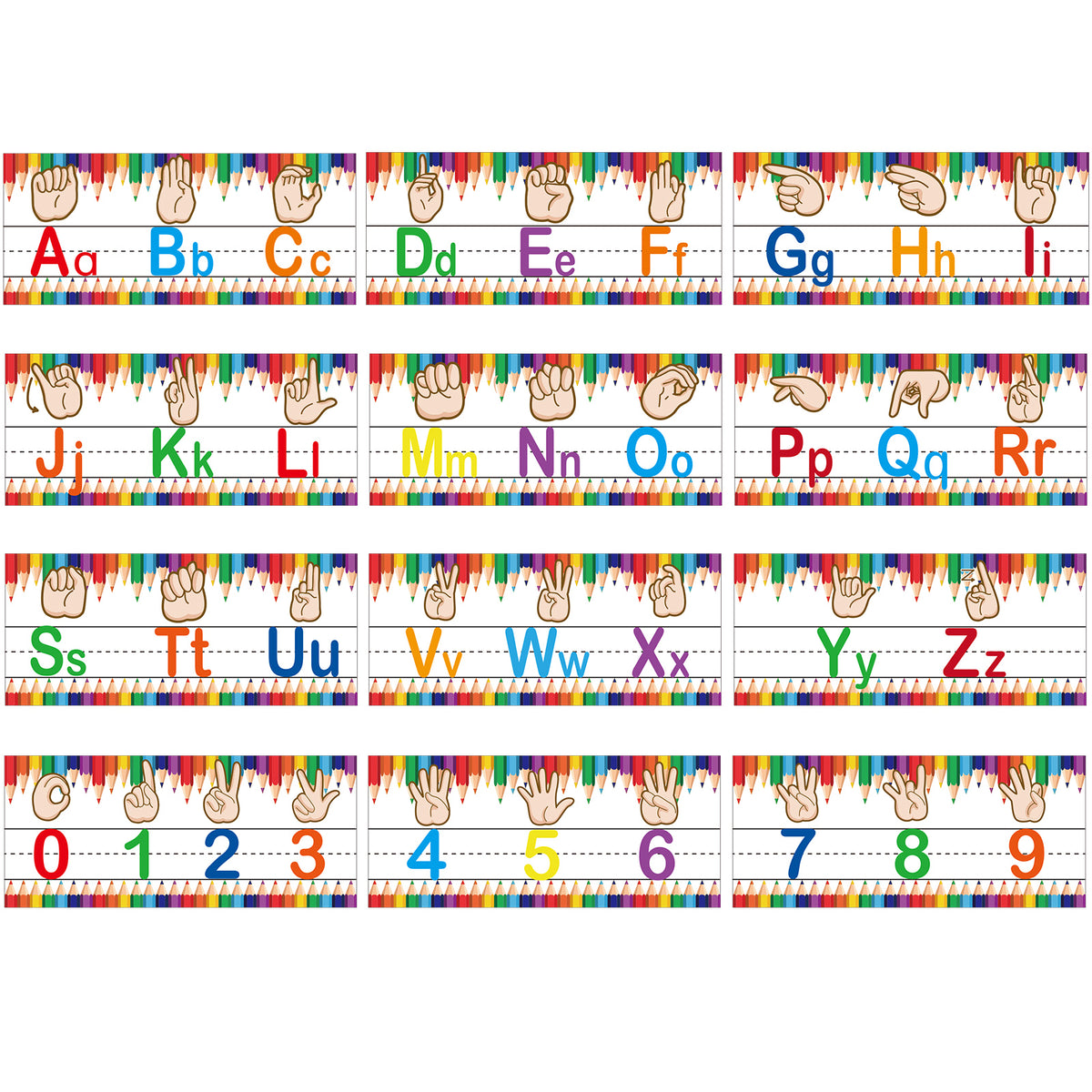 12 Pieces ASL Alphabet and Numbers Bulletin Board Alphabet Strips Set