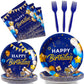 96 Pieces Blue and Gold Birthday Party Tableware Set Paper Plates Napkins Forks for 24 Guests