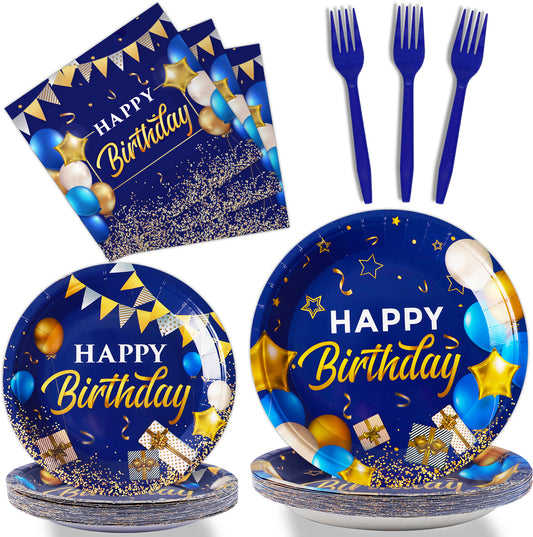 96 Pieces Blue and Gold Birthday Party Tableware Set Paper Plates Napkins Forks for 24 Guests