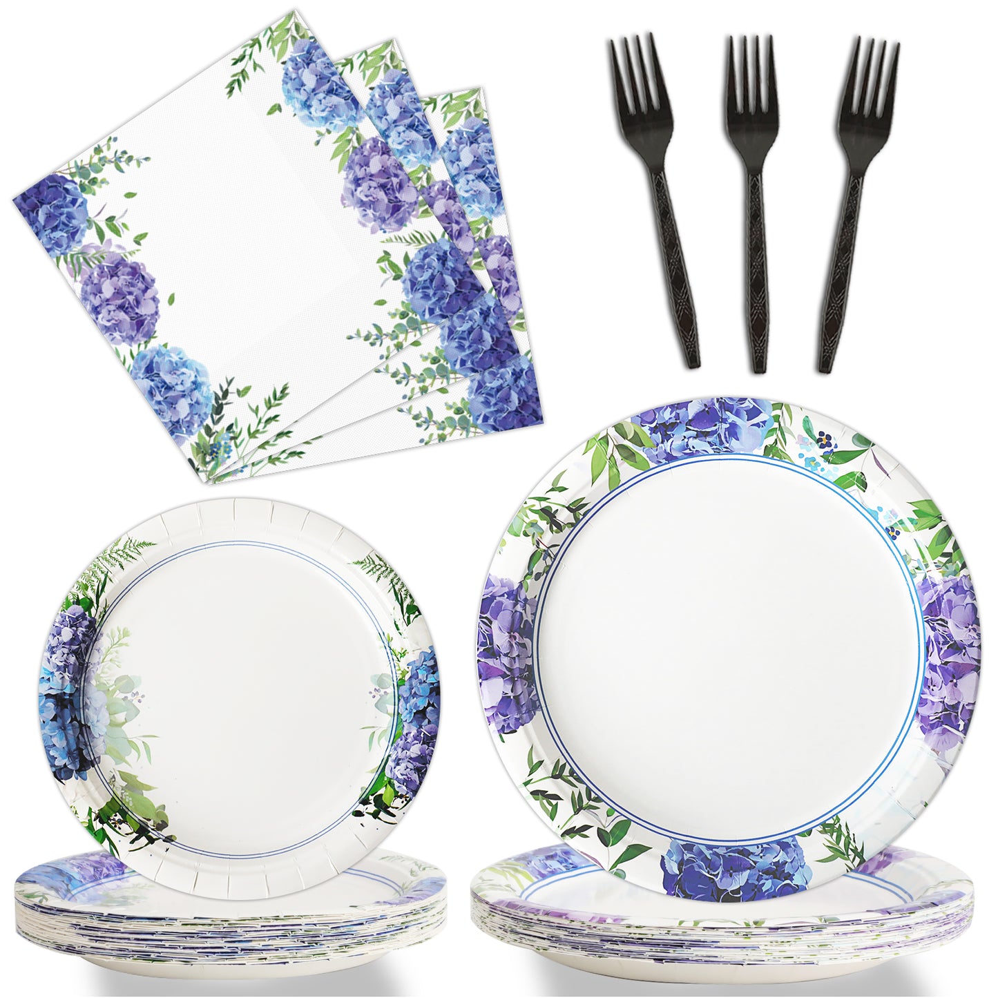 Hydrangea Theme Party Supplies,Plates Napkins Forks Set of 96pcs