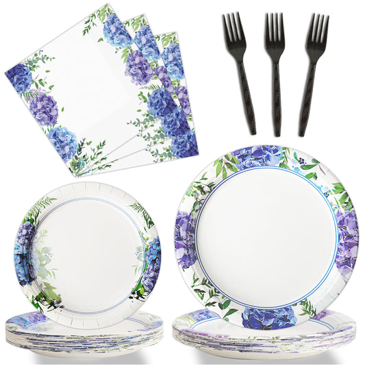Hydrangea Theme Party Supplies,Plates Napkins Forks Set of 96pcs