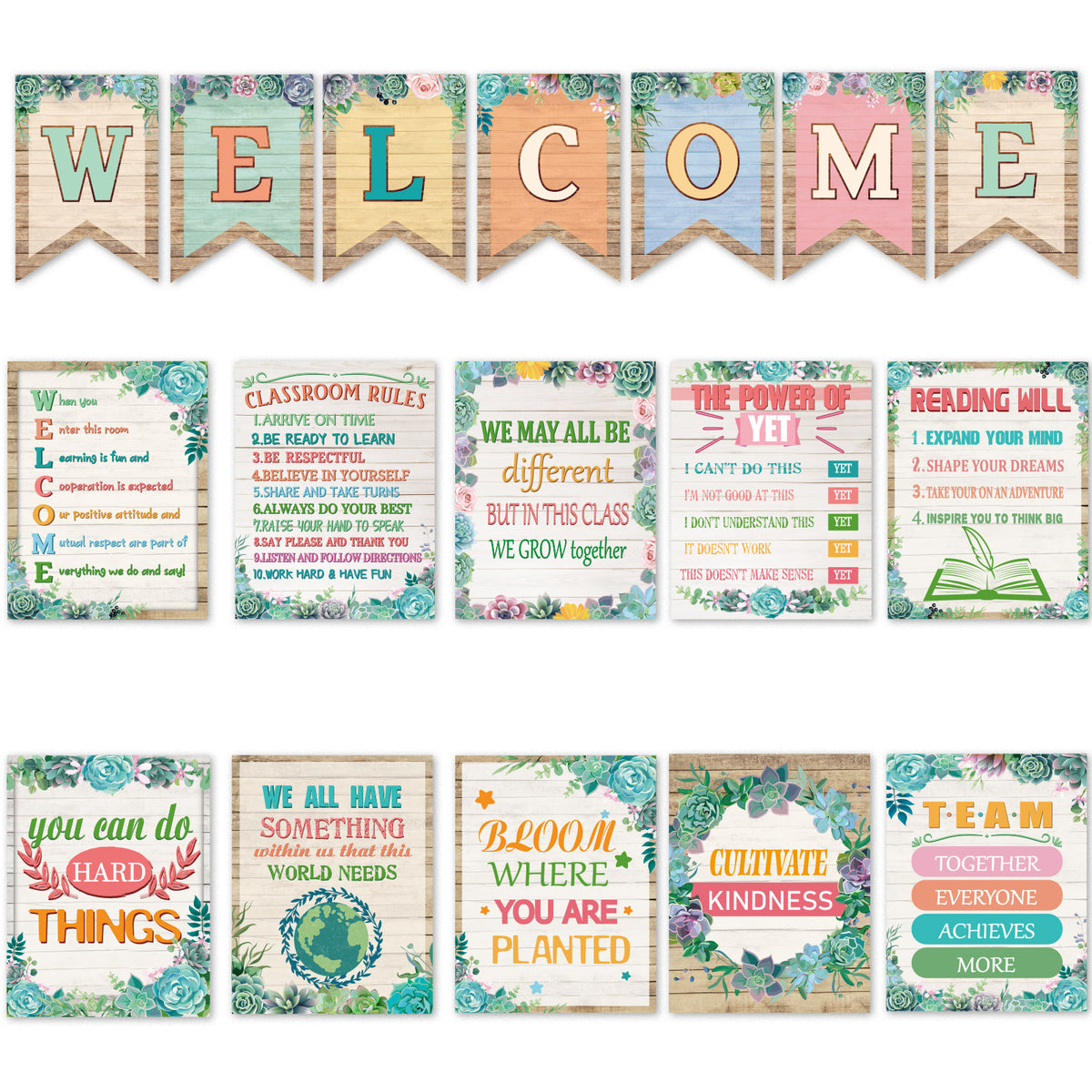 17 Pieces Succulents Classroom Motivational Posters Welcome Decor Signs