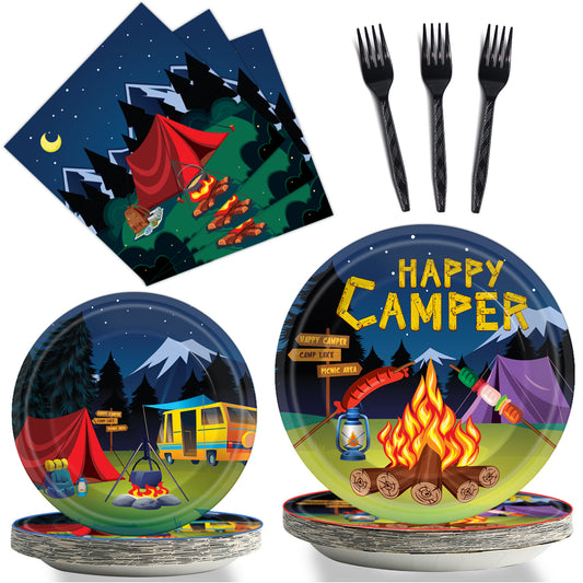 Camping Theme Party Supplies,Plates Napkins Forks Set of 96pcs