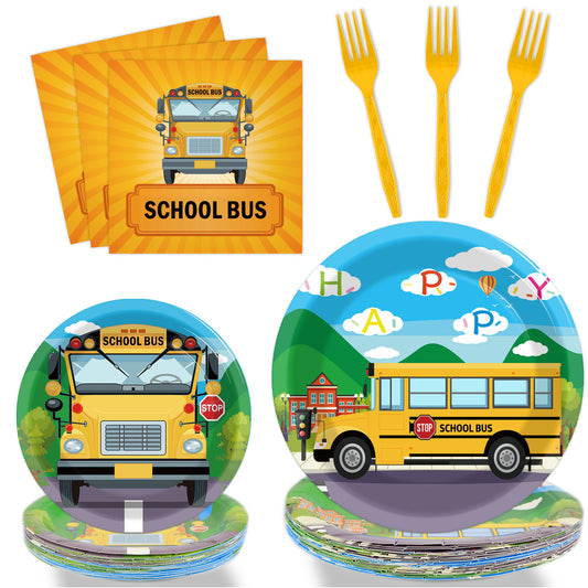 96 Pieces School Bus TableWare Set Back to School Plates Napkins Forks for 24 Guests