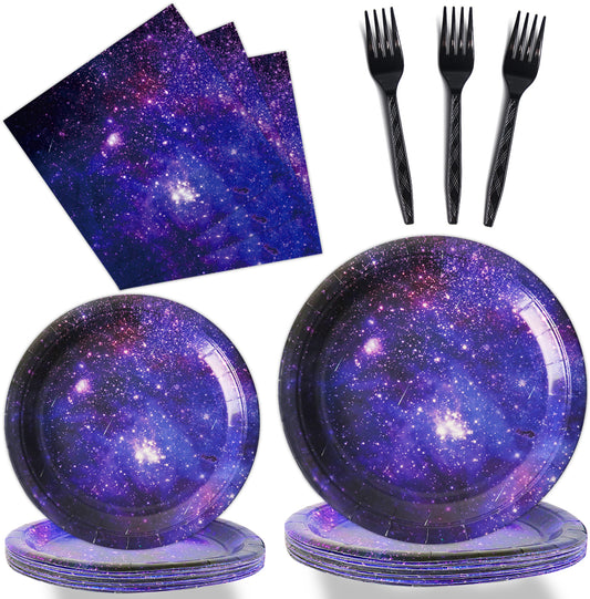 Galaxy Space Theme Party Supplies,Plates Napkins Forks Set of 96pcs