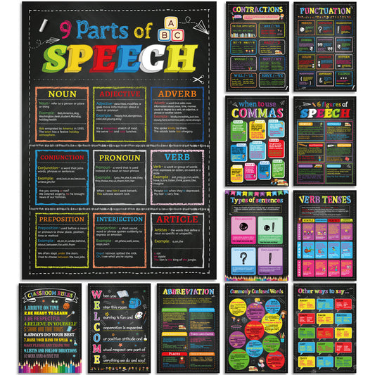 12 Pieces English Grammar Posters Educational Literary Wall Signs,16 x 11 Inch