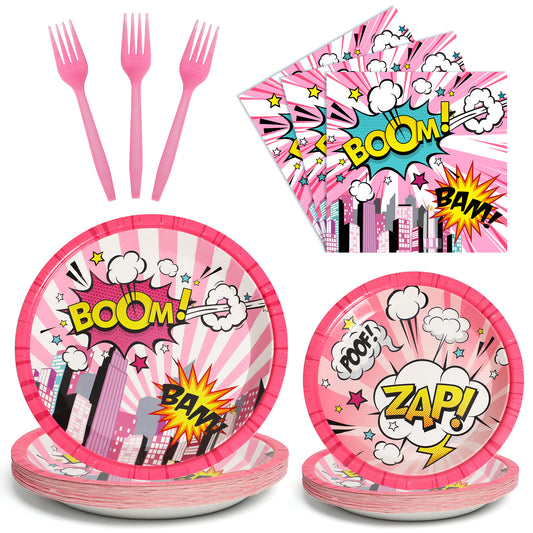 96 Pcs Super Hero Girl Party Tableware Supplies for 24 Guests