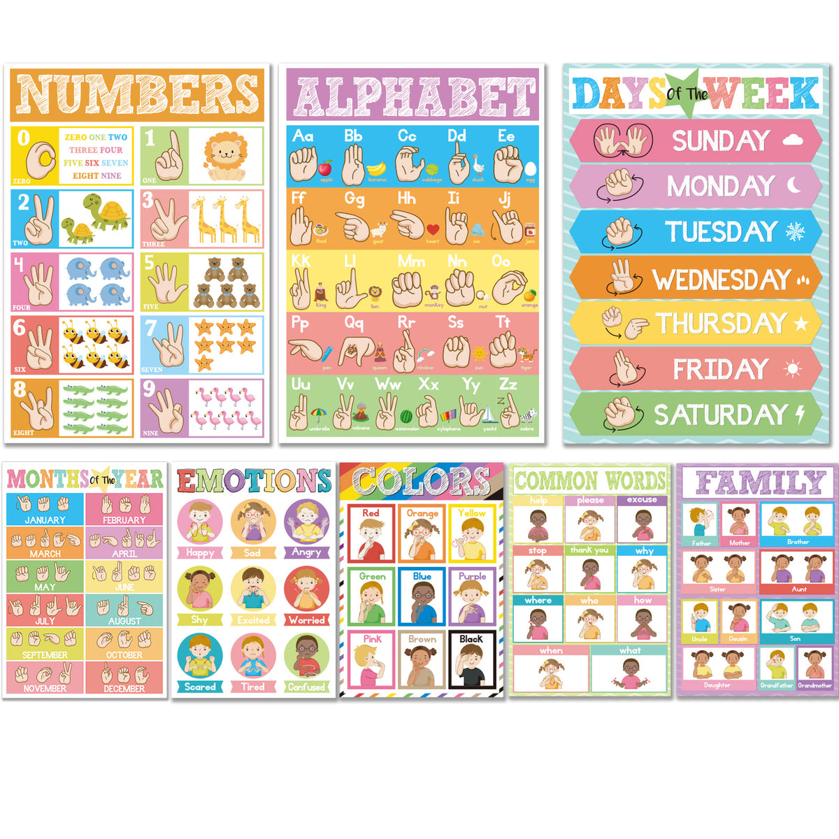 8 Pieces ASL Poster Sign Language Posters for Toddler Kids Students Classroom Decorations