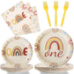 Boho Rainbow Theme Party Supplies,Plates Napkins Forks Set of 96pcs