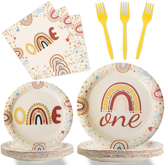 Boho Rainbow Theme Party Supplies,Plates Napkins Forks Set of 96pcs